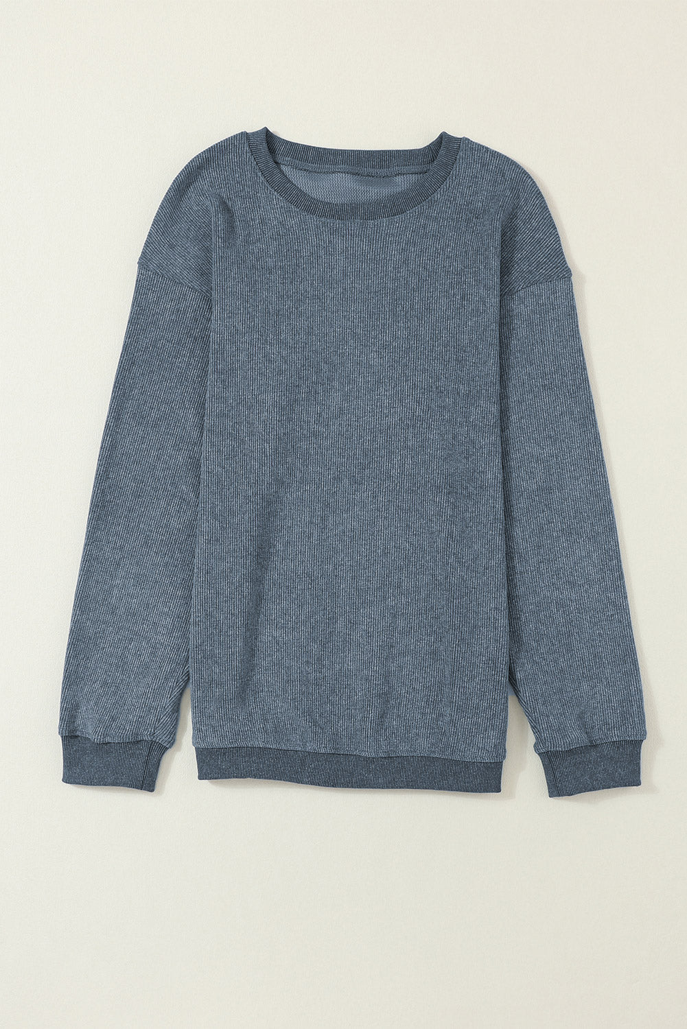 Blue Solid Ribbed Knit Round Neck Pullover Sweatshirt - Design Studios Direct