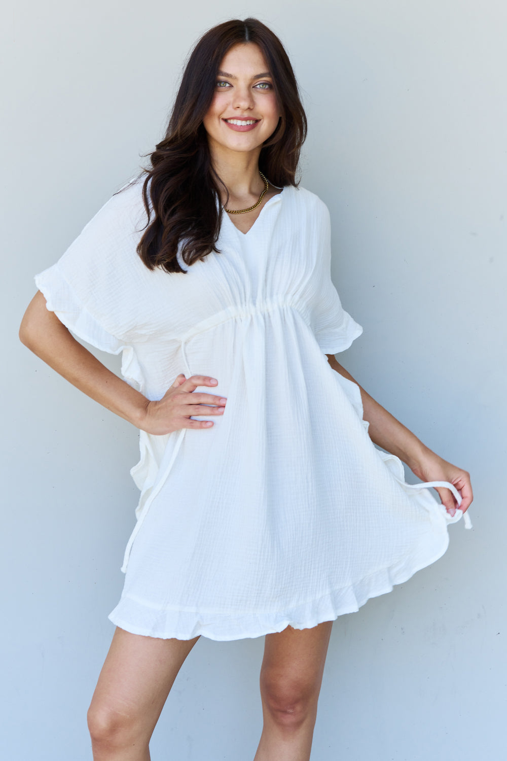 Ninexis Out Of Time Full Size Ruffle Hem Dress with Drawstring Waistband in White - Design Studios Direct