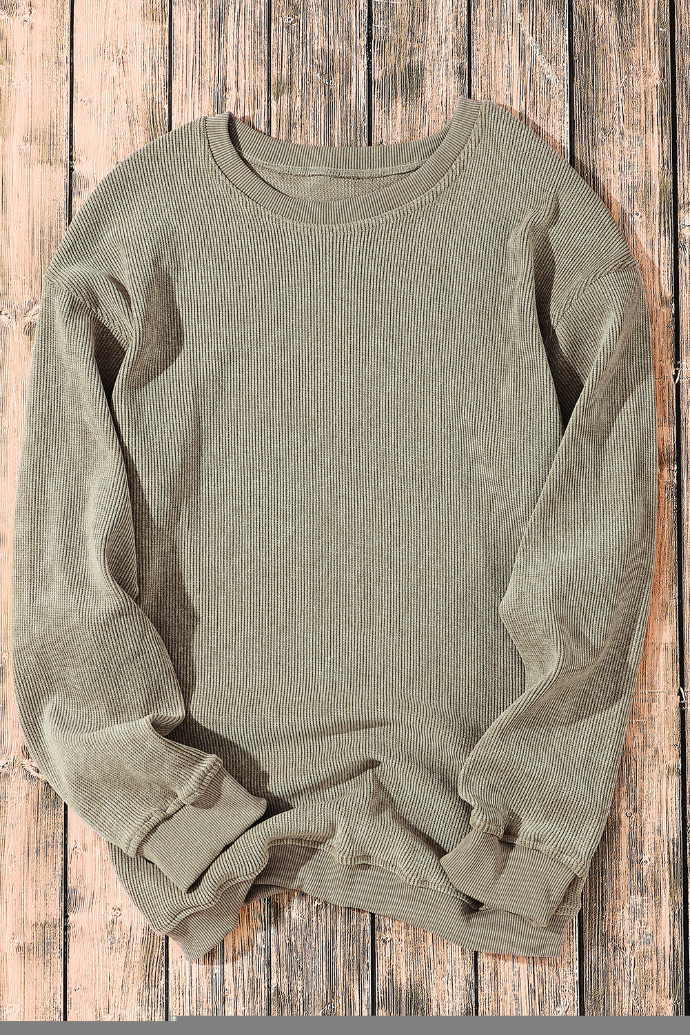 Green Solid Ribbed Knit Round Neck Pullover Sweatshirt - Design Studios Direct