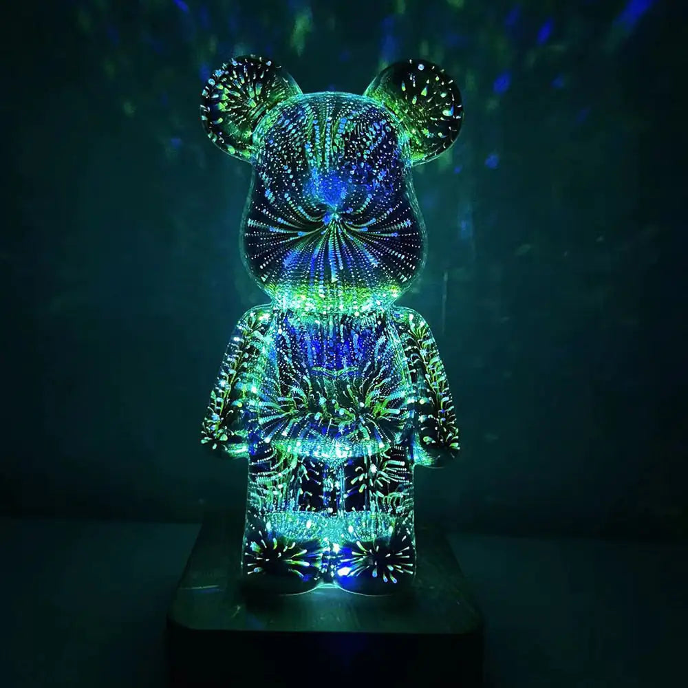 3D Firework Bear Lamp Colorful Bear Decorative Night Light, Glass Table Lamp Variable 8 Colours Bear Night Light Valentine's Gift for Her or Him