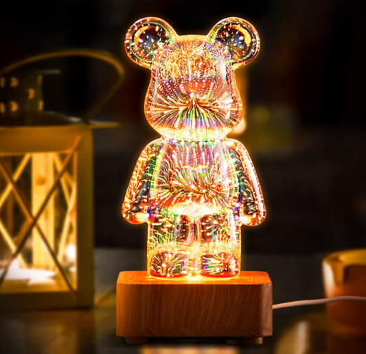 3D Firework Bear Lamp Colorful Bear Decorative Night Light, Glass Table Lamp Variable 8 Colours Bear Night Light Valentine's Gift for Her or Him