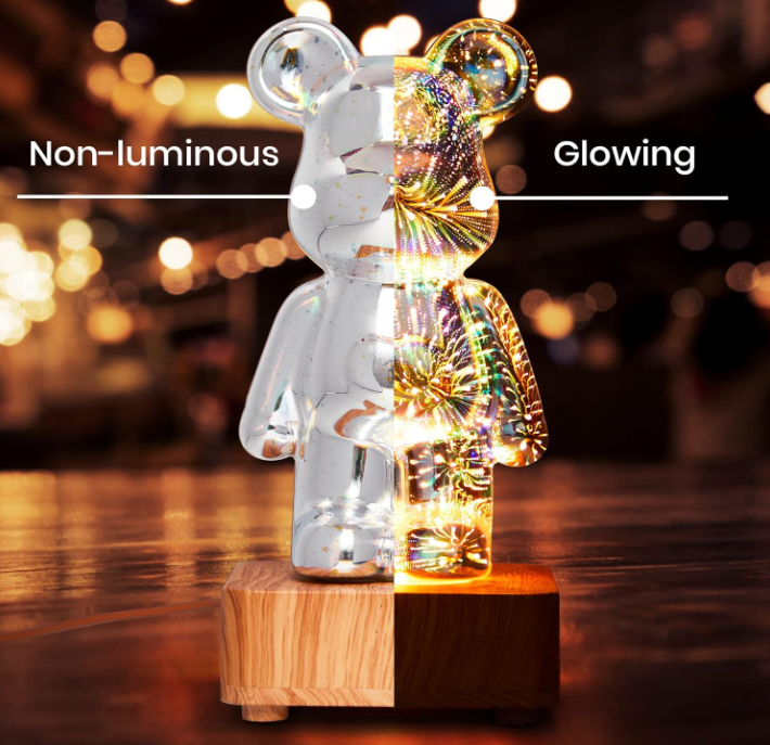 3D Firework Bear Lamp Colorful Bear Decorative Night Light, Glass Table Lamp Variable 8 Colours Bear Night Light Valentine's Gift for Her or Him