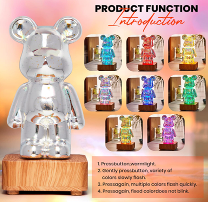 3D Firework Bear Lamp Colorful Bear Decorative Night Light, Glass Table Lamp Variable 8 Colours Bear Night Light Valentine's Gift for Her or Him