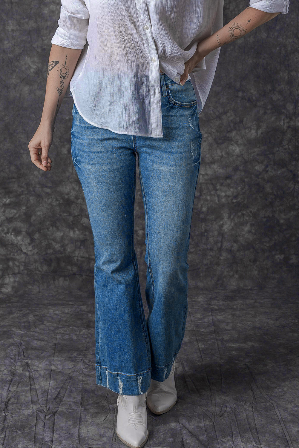 Sky Blue Slight Distressed Medium Wash Flare Jeans - Design Studios Direct