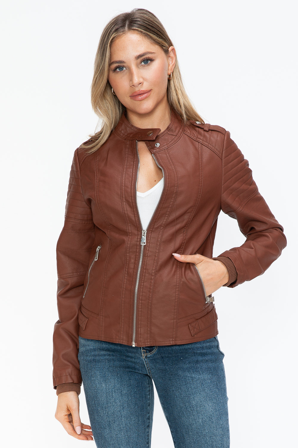 Snobbish PU Leather Biker Jacket with Side Zip Pockets - Design Studios Direct