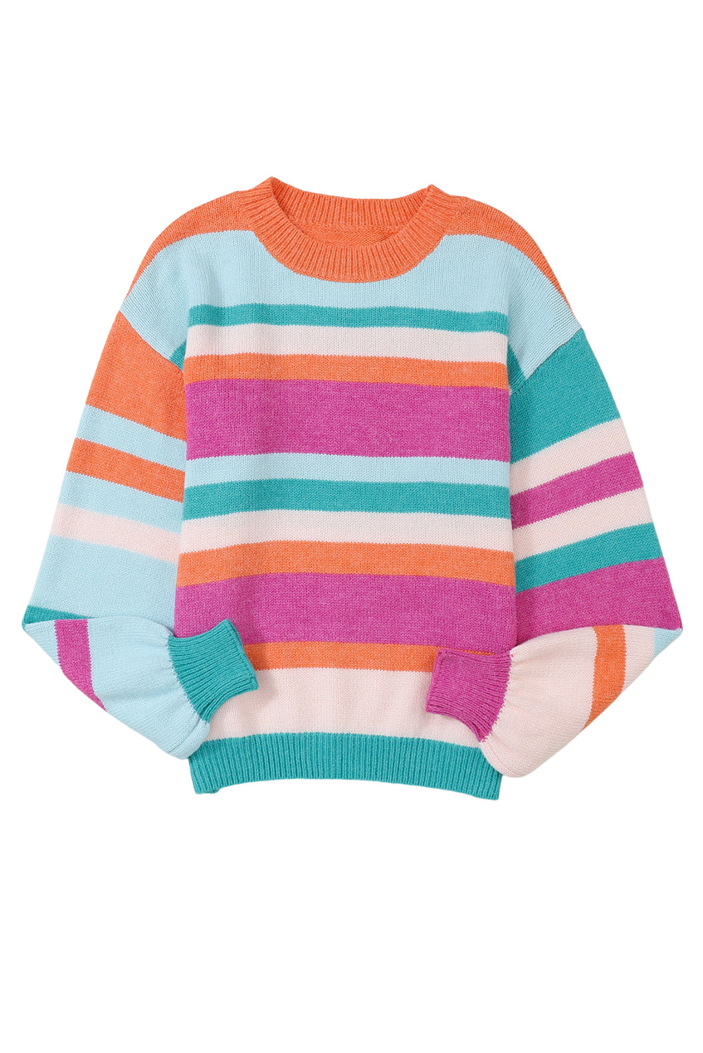 Multicolor Striped Knit Drop Shoulder Puff Sleeve Sweater - Design Studios Direct