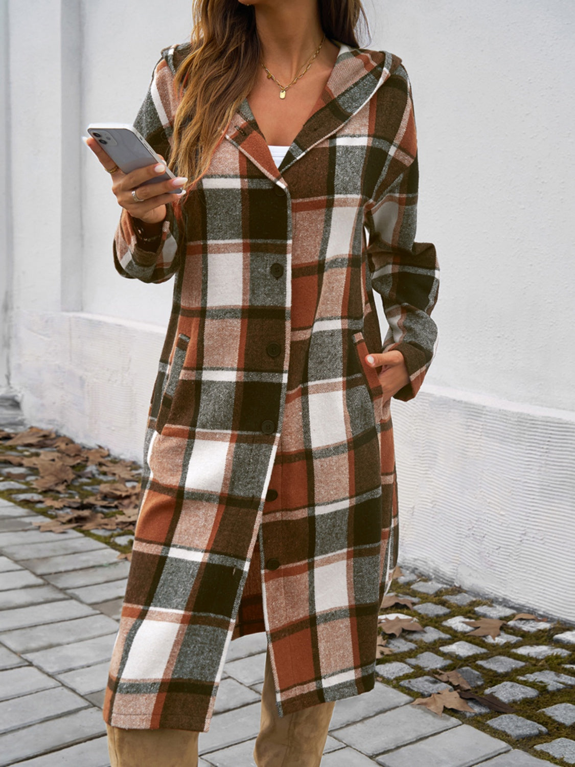 Devine Plaid Long Sleeve Hooded Coat - Design Studios Direct