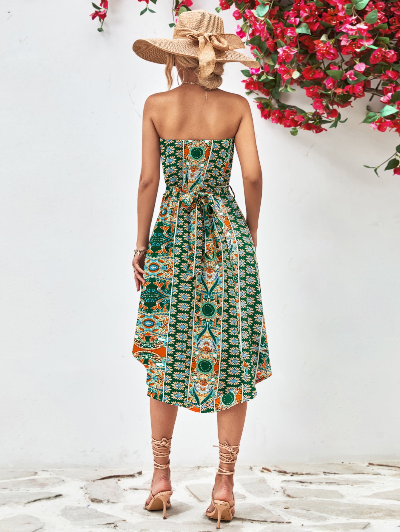 Printed Strapless Tie Belt Dress - Design Studios Direct