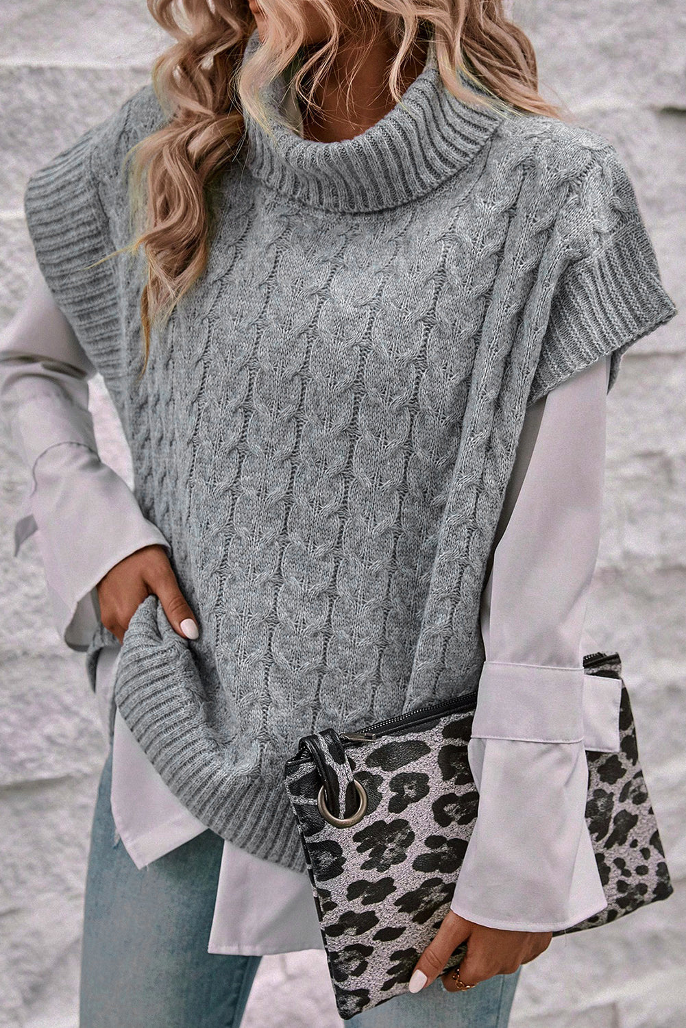 Grey Cable Knit Turtleneck Batwing Sleeve Sweater - Design Studios Direct