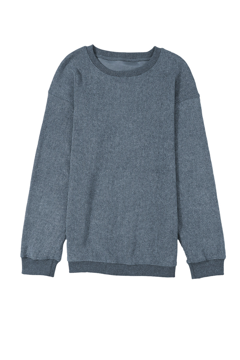 Blue Solid Ribbed Knit Round Neck Pullover Sweatshirt - Design Studios Direct