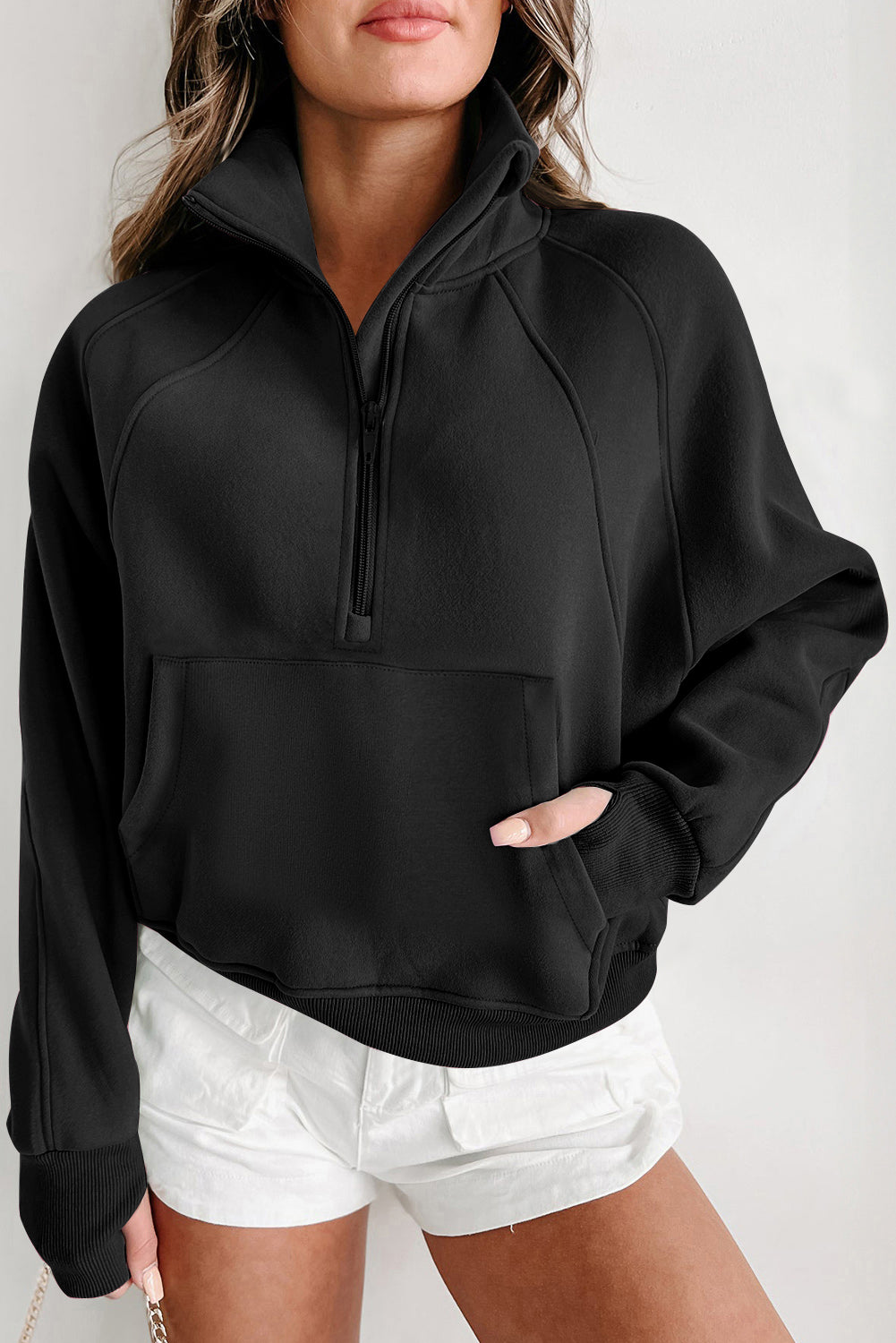 Black Zip Up Stand Collar Ribbed Thumbhole Sleeve Sweatshirt - Design Studios Direct