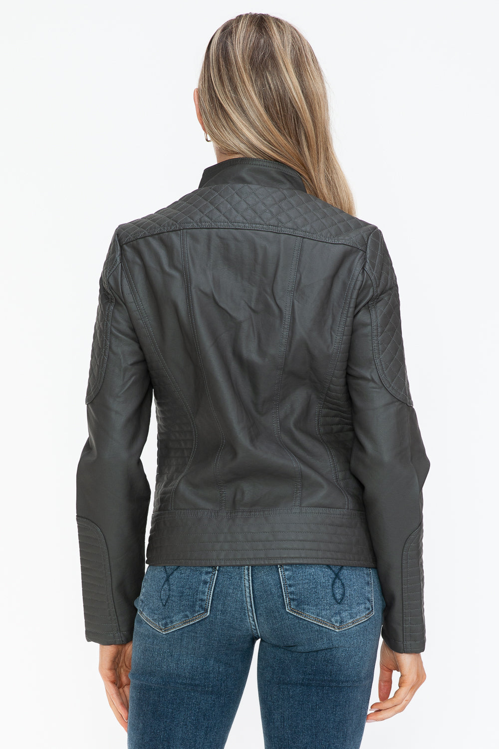 Snobbish Faux Leather Zip Up Mock Neck Jacket - Design Studios Direct