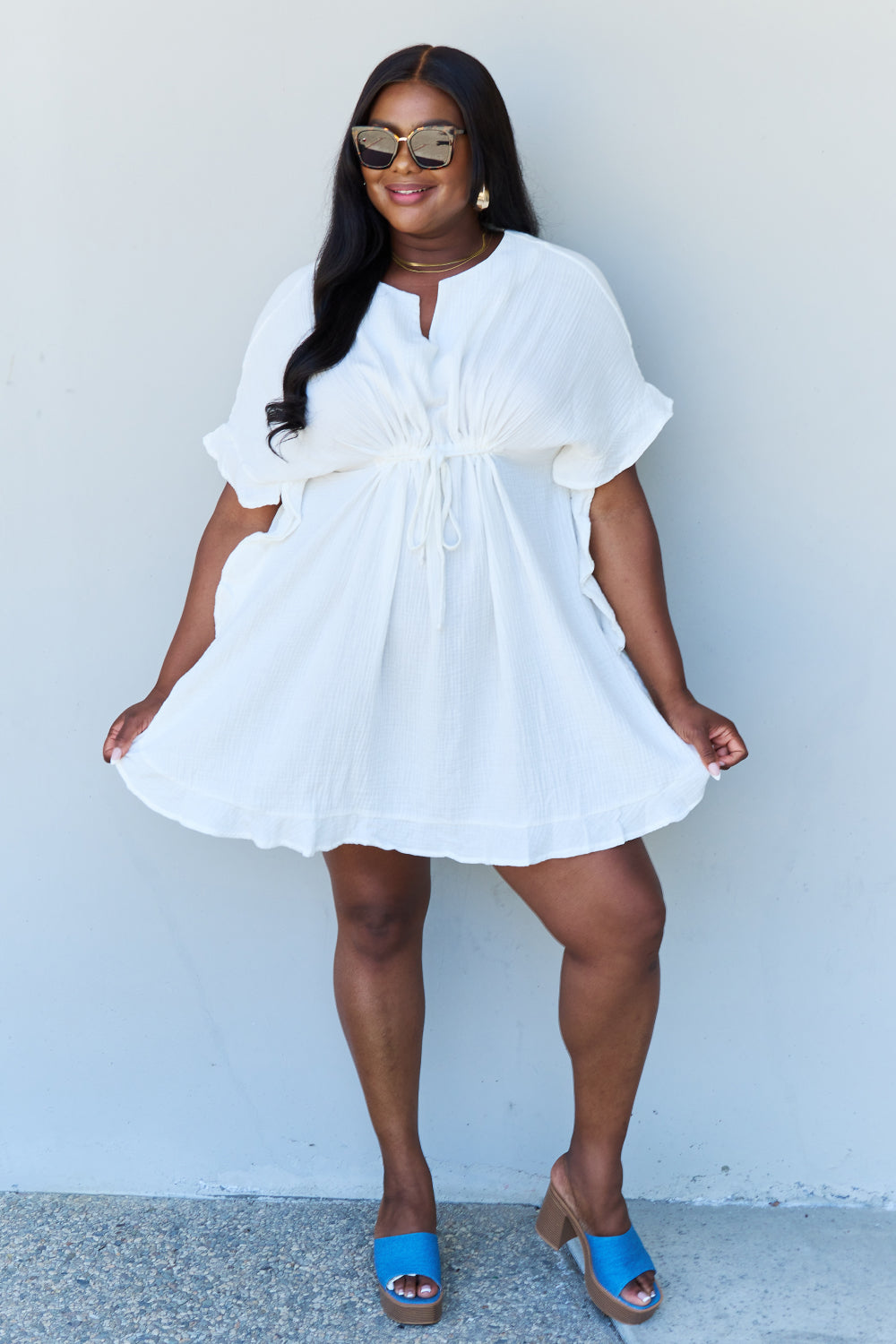 Ninexis Out Of Time Full Size Ruffle Hem Dress with Drawstring Waistband in White - Design Studios Direct