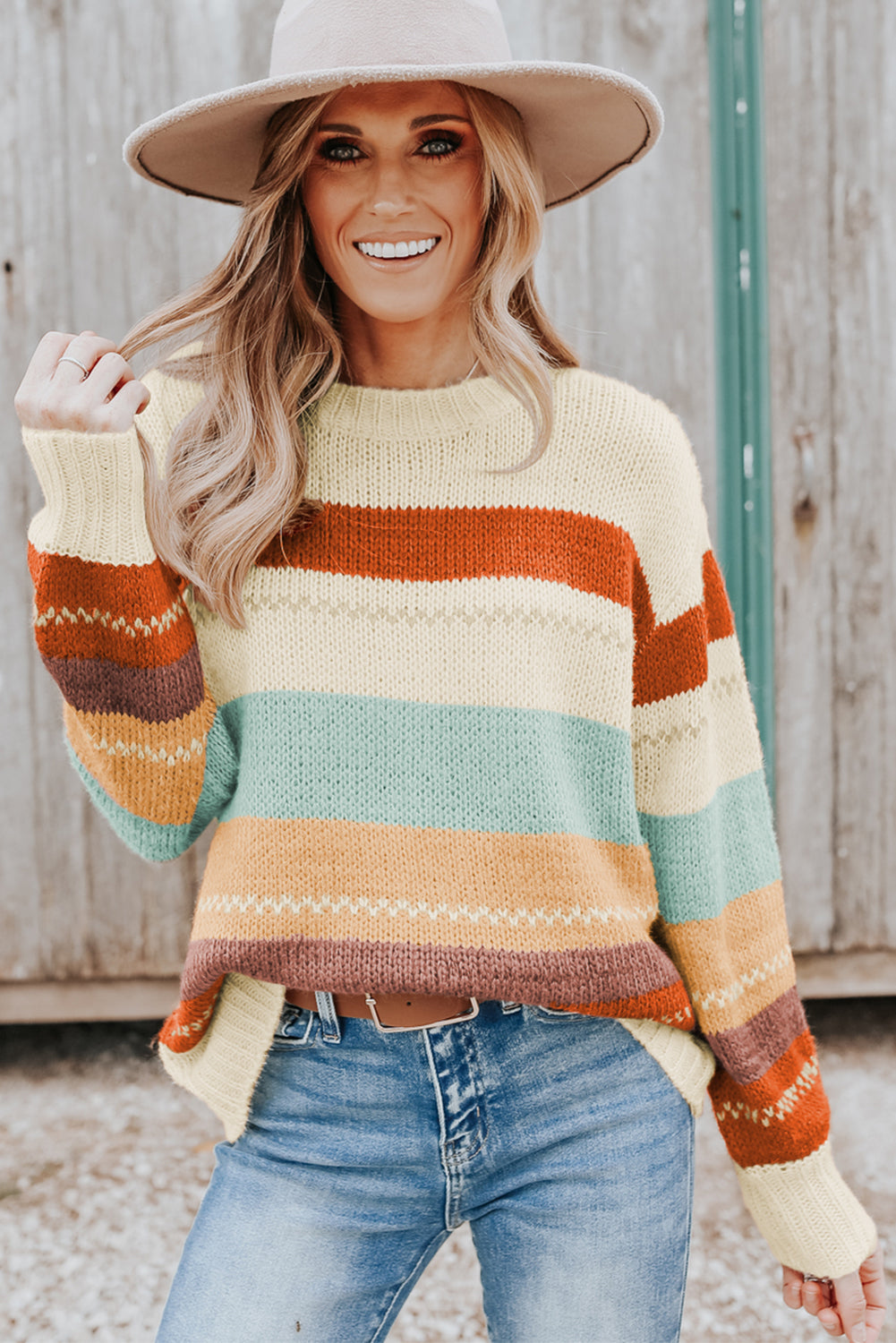 Crew Neck Drop-shoulder Striped Color Block Sweater - Design Studios Direct