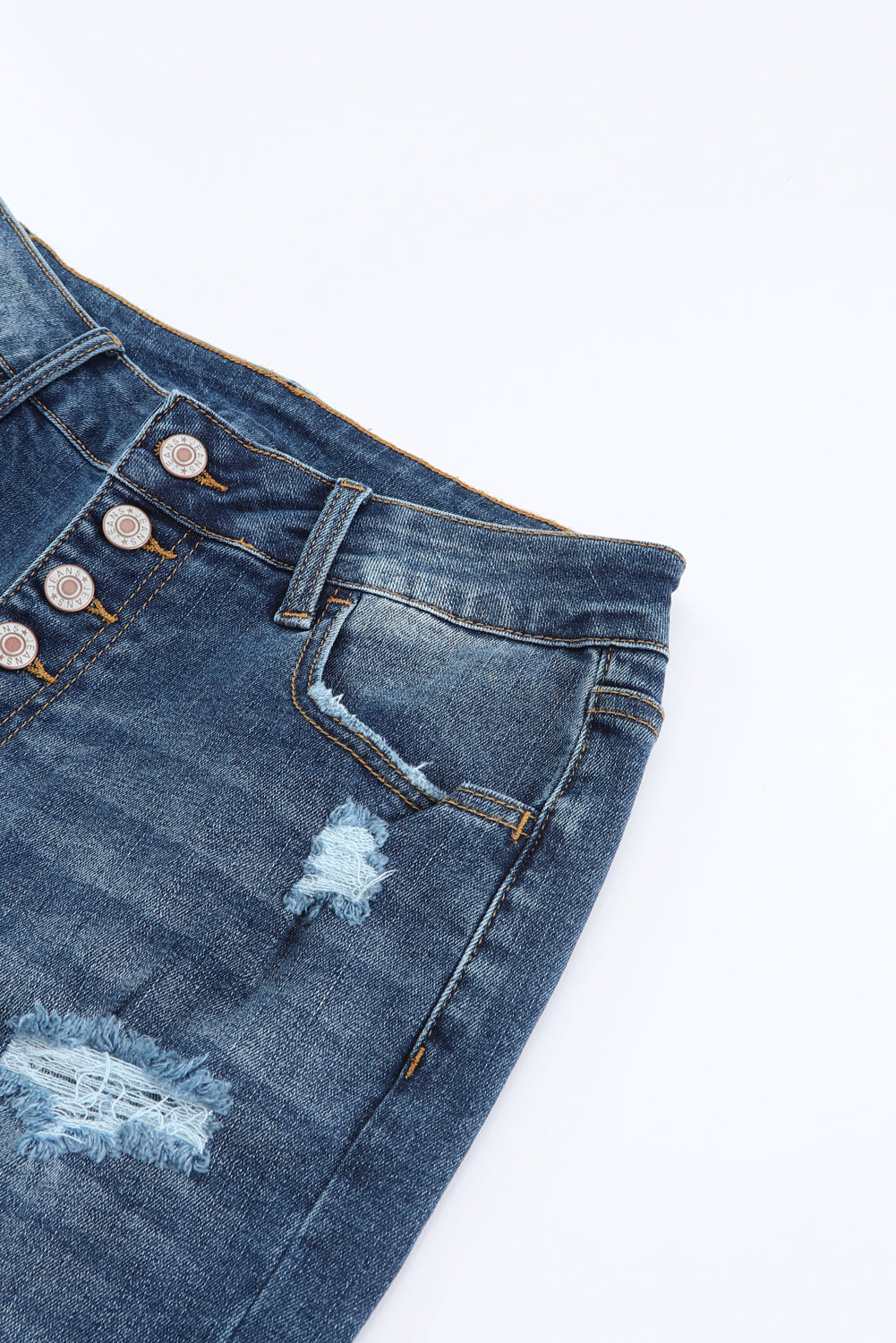 Blue Distressed Button Fly High Waist Skinny Jeans - Design Studios Direct