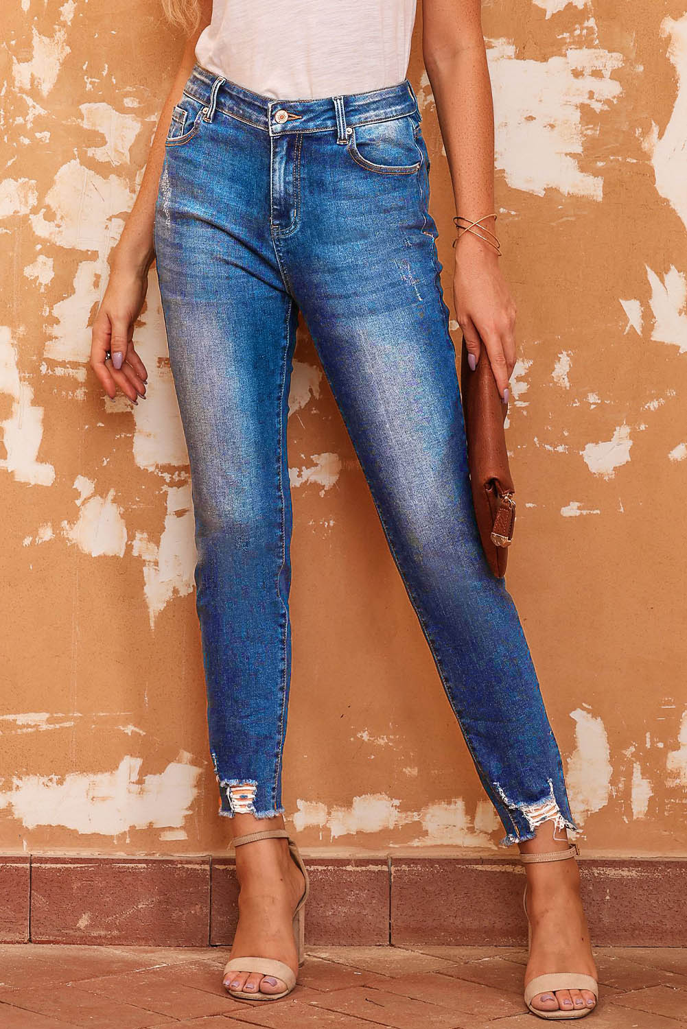 Blue Raw Hem Ankle-length Skinny Jeans - Design Studios Direct