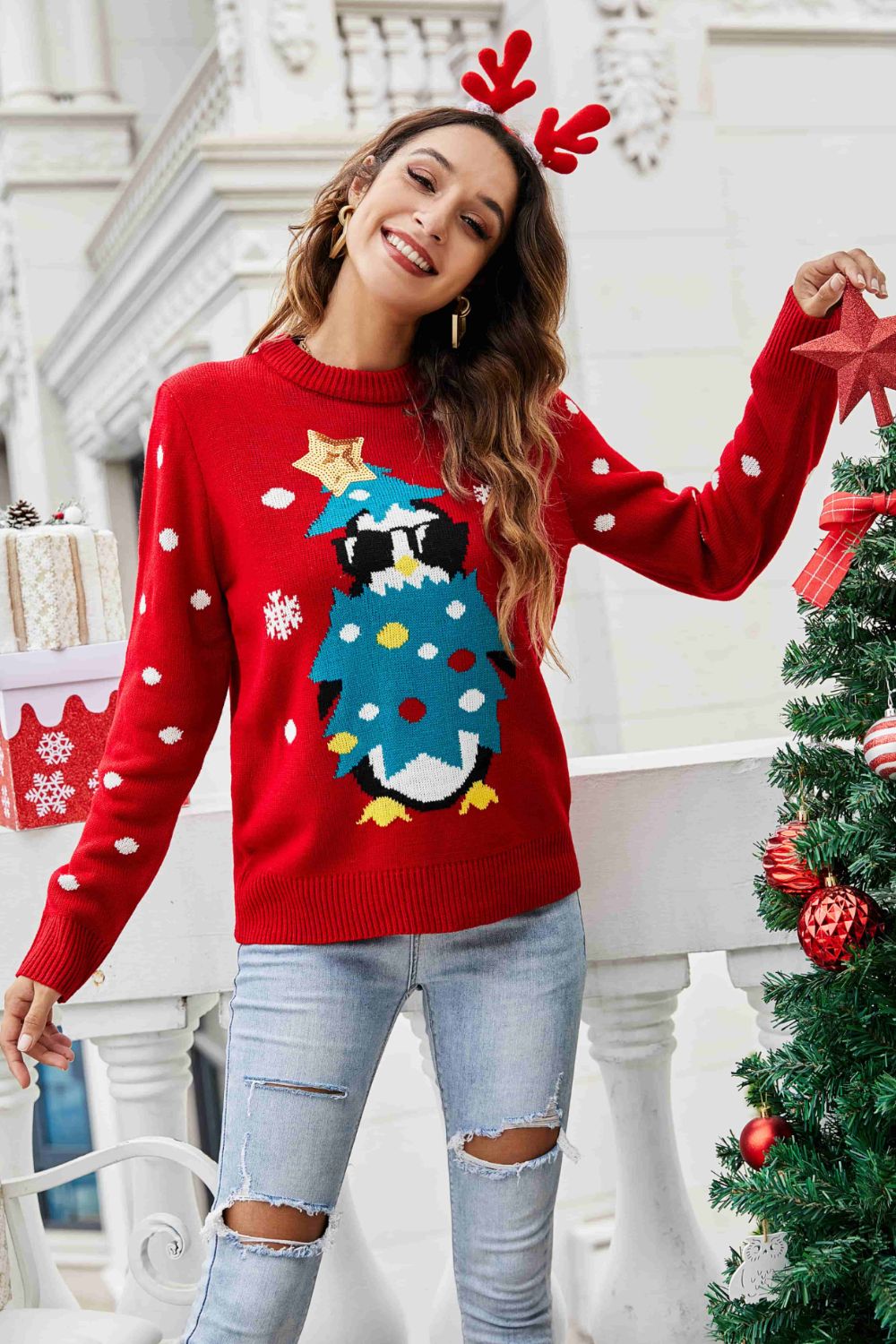 Christmas Penguin Graphic Sequin Sweater - Design Studios Direct