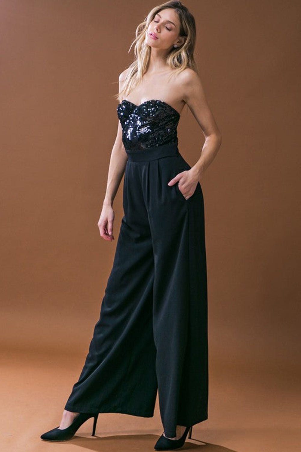 Black Sequin Tube Top Wide Leg Jumpsuit - Design Studios Direct