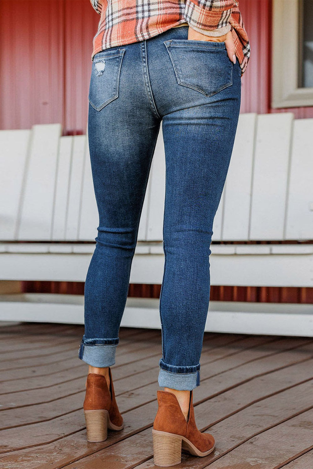 Blue Distressed Button Fly High Waist Skinny Jeans - Design Studios Direct