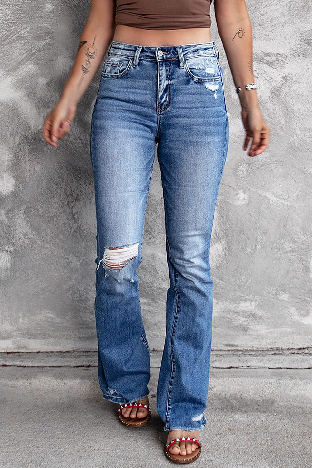 Blue Distressed Flare Jeans - Design Studios Direct