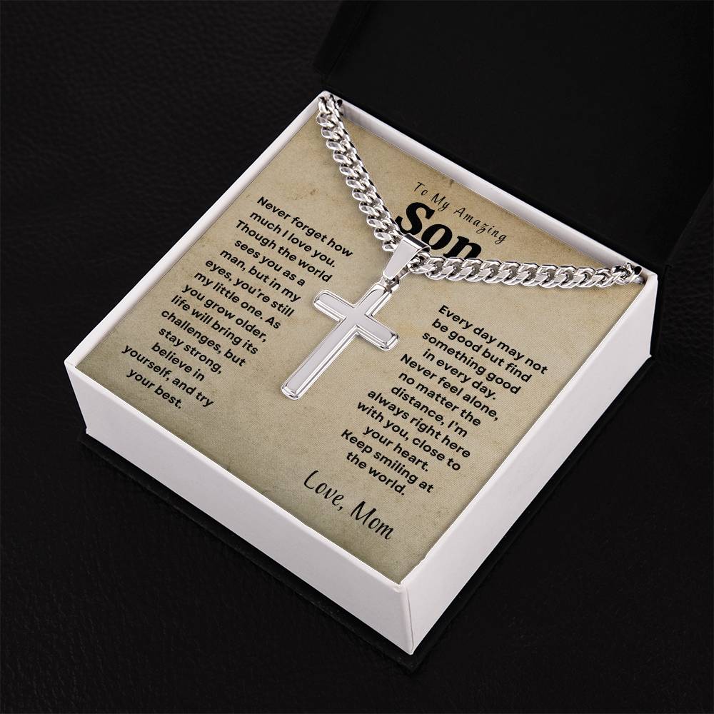 To My Amazing Son - Personalized Engraving Cuban Chain Cross Necklace - Design Studios Direct