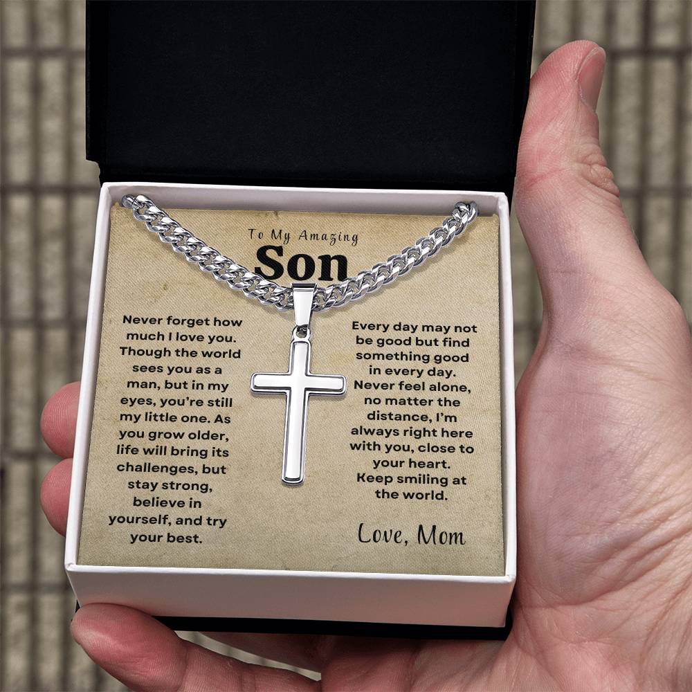 To My Amazing Son - Personalized Engraving Cuban Chain Cross Necklace - Design Studios Direct