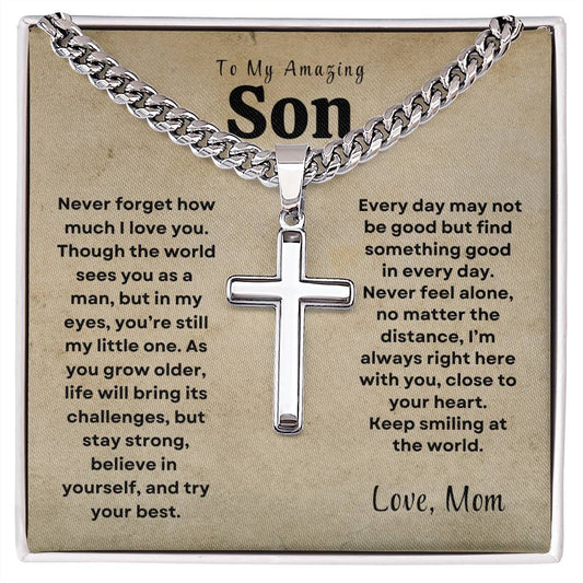 To My Amazing Son - Personalized Engraving Cuban Chain Cross Necklace - Design Studios Direct