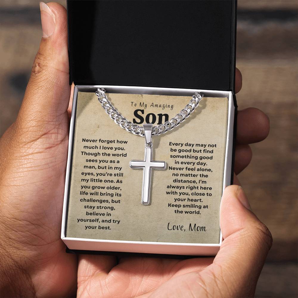 To My Amazing Son - Personalized Engraving Cuban Chain Cross Necklace - Design Studios Direct