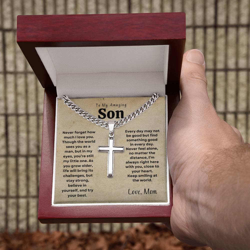 To My Amazing Son - Personalized Engraving Cuban Chain Cross Necklace - Design Studios Direct