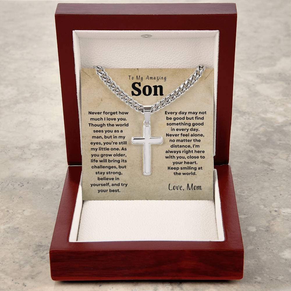 To My Amazing Son - Personalized Engraving Cuban Chain Cross Necklace - Design Studios Direct