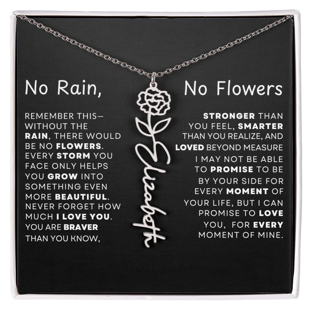 "No Rain, No Flowers" Birth Flower Name Necklace – Personalized Jewelry Gift