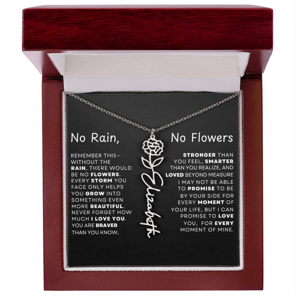 "No Rain, No Flowers" Birth Flower Name Necklace – Personalized Jewelry Gift