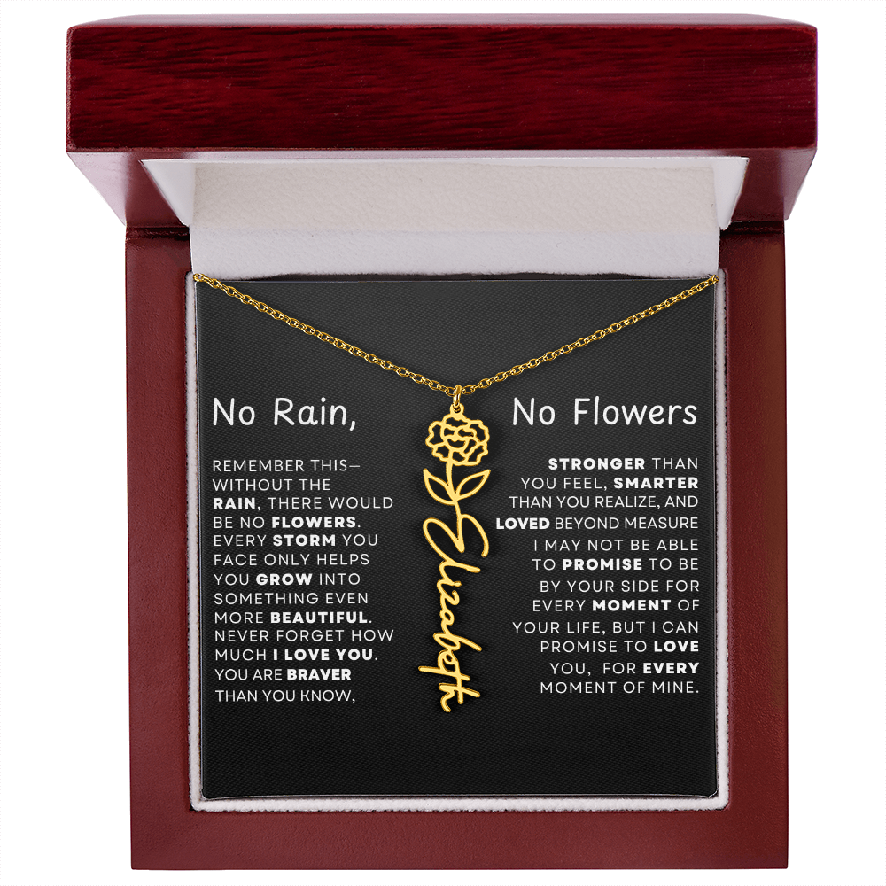 "No Rain, No Flowers" Birth Flower Name Necklace – Personalized Jewelry Gift