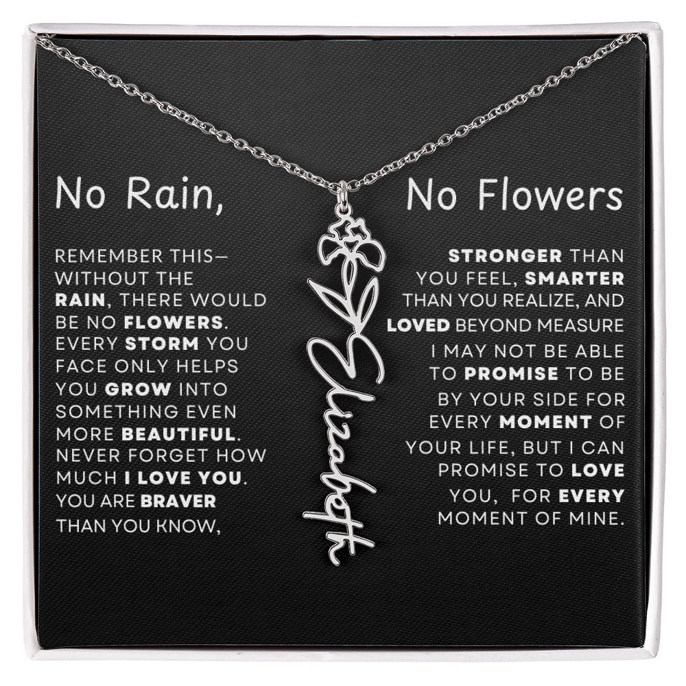 "No Rain, No Flowers" Birth Flower Name Necklace – Personalized Jewelry Gift
