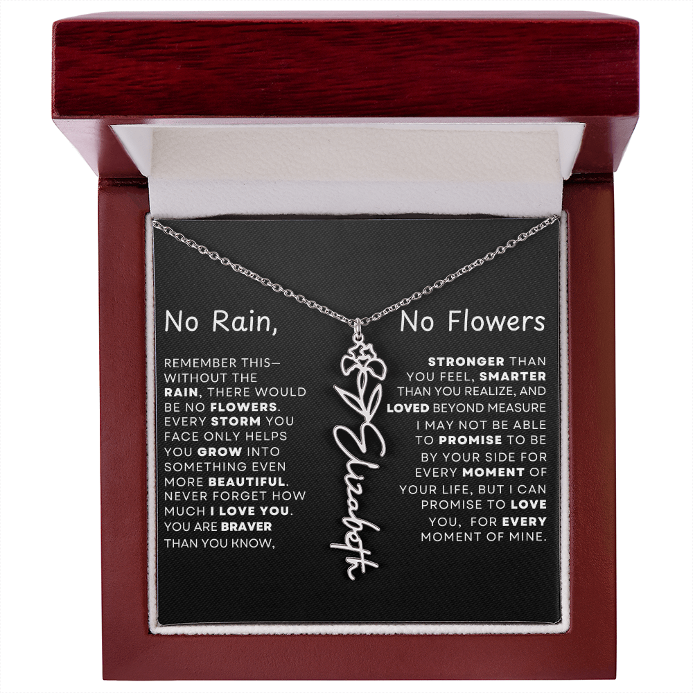"No Rain, No Flowers" Birth Flower Name Necklace – Personalized Jewelry Gift