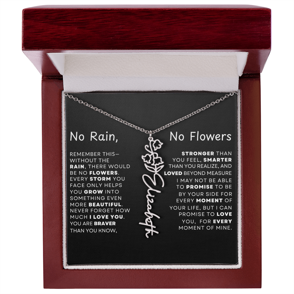 "No Rain, No Flowers" Birth Flower Name Necklace – Personalized Jewelry Gift