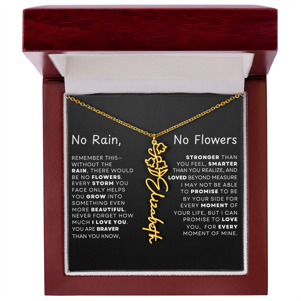 "No Rain, No Flowers" Birth Flower Name Necklace – Personalized Jewelry Gift