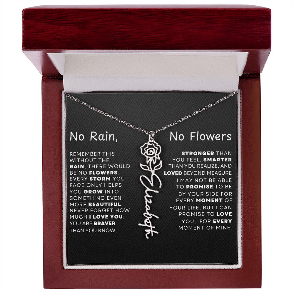 "No Rain, No Flowers" Birth Flower Name Necklace – Personalized Jewelry Gift