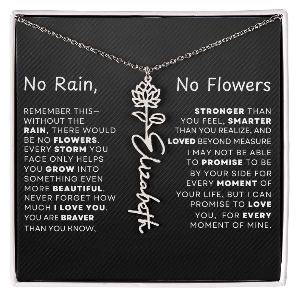 "No Rain, No Flowers" Birth Flower Name Necklace – Personalized Jewelry Gift