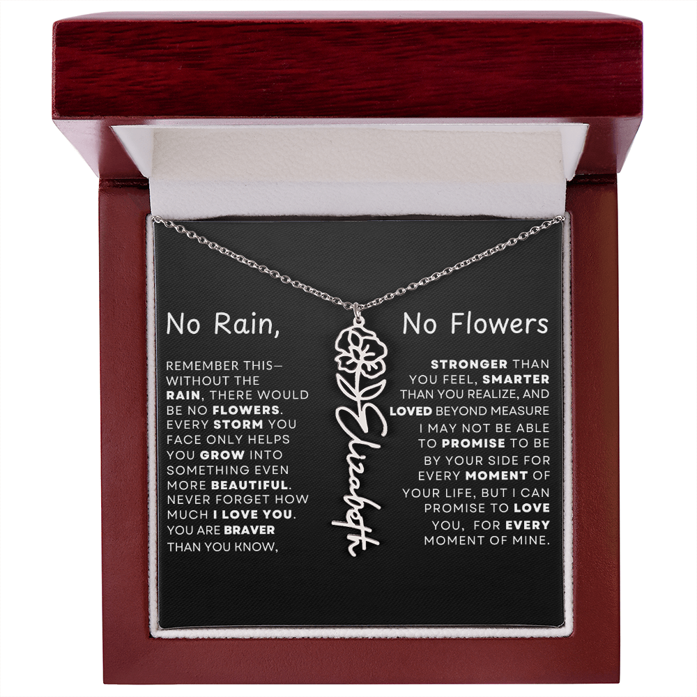 "No Rain, No Flowers" Birth Flower Name Necklace – Personalized Jewelry Gift