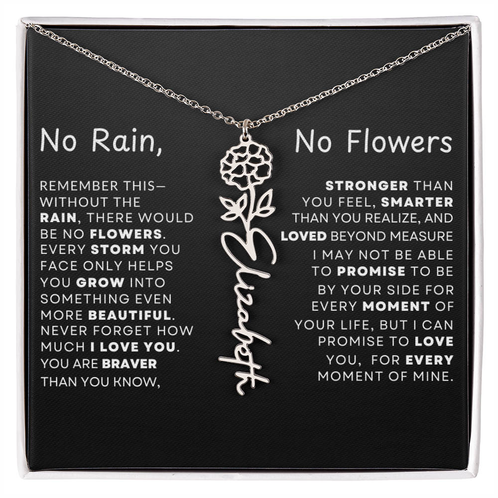 "No Rain, No Flowers" Birth Flower Name Necklace – Personalized Jewelry Gift