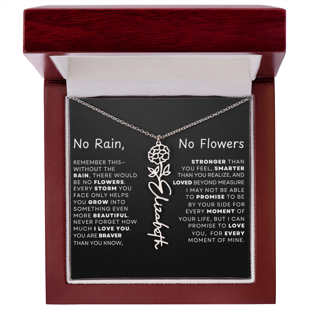"No Rain, No Flowers" Birth Flower Name Necklace – Personalized Jewelry Gift