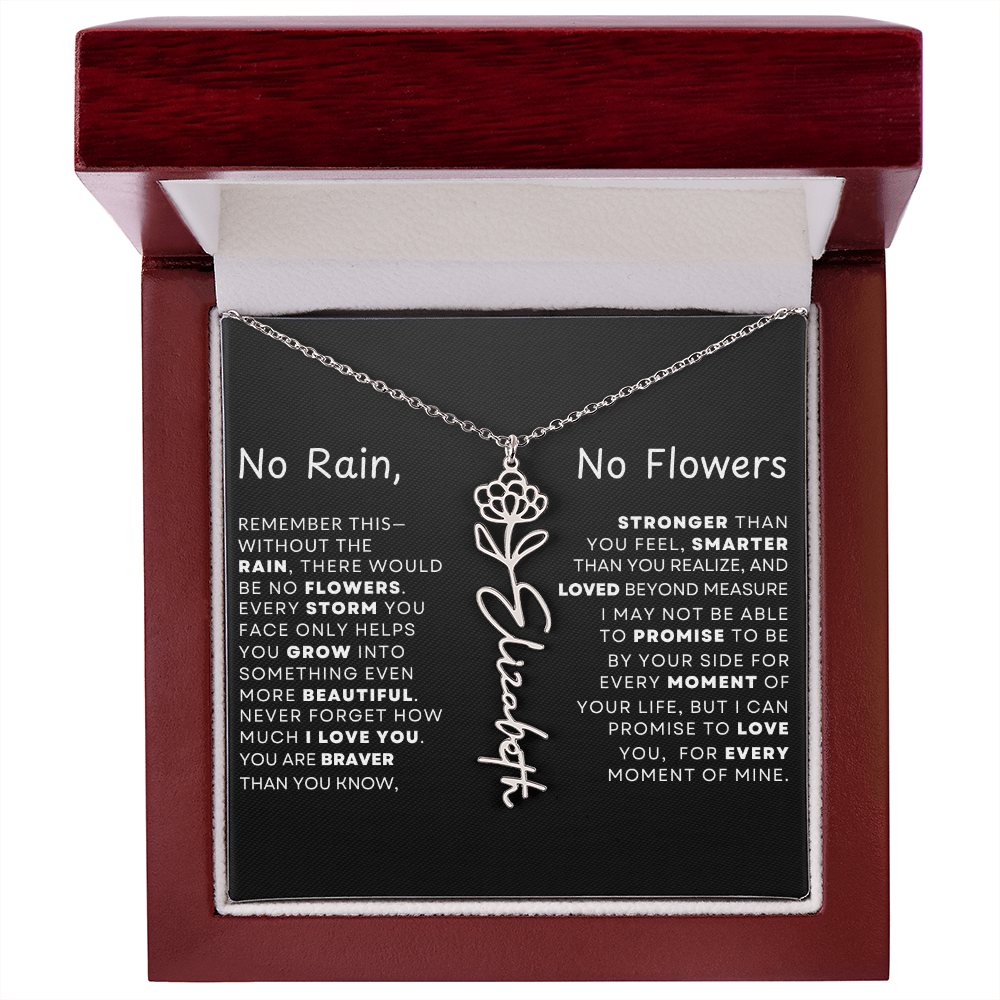 "No Rain, No Flowers" Birth Flower Name Necklace – Personalized Jewelry Gift