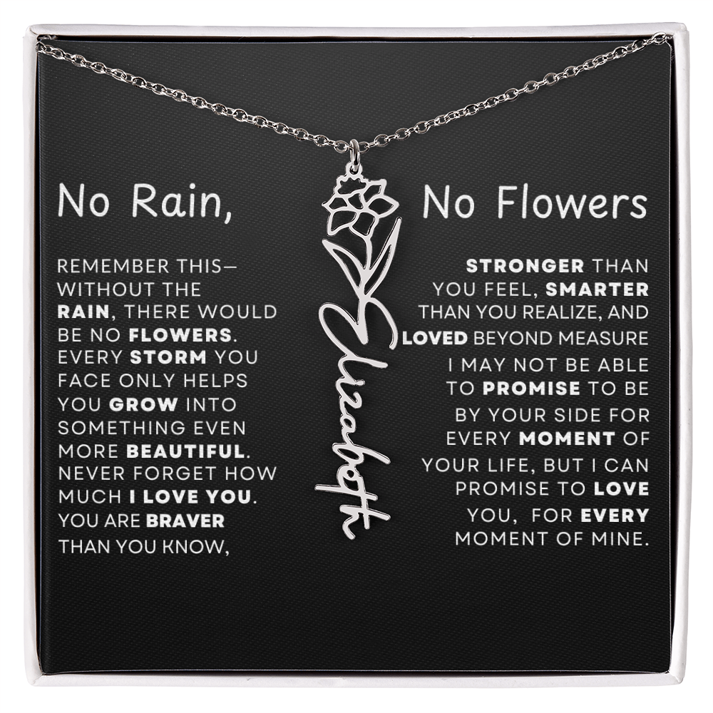 "No Rain, No Flowers" Birth Flower Name Necklace – Personalized Jewelry Gift