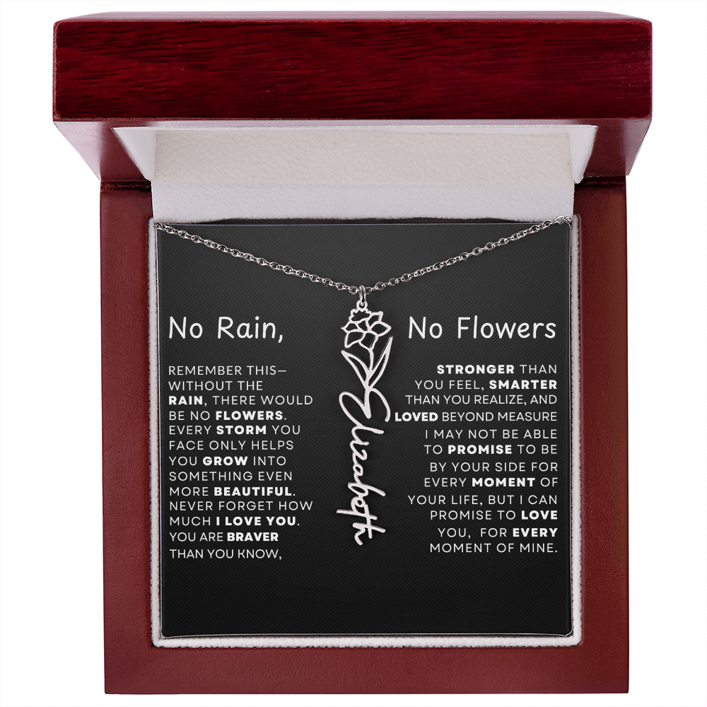 "No Rain, No Flowers" Birth Flower Name Necklace – Personalized Jewelry Gift