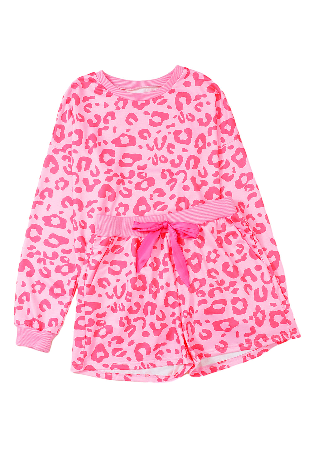 Pink Leopard Long Sleeve Satin Tie Shorts Two Piece Set - Design Studios Direct