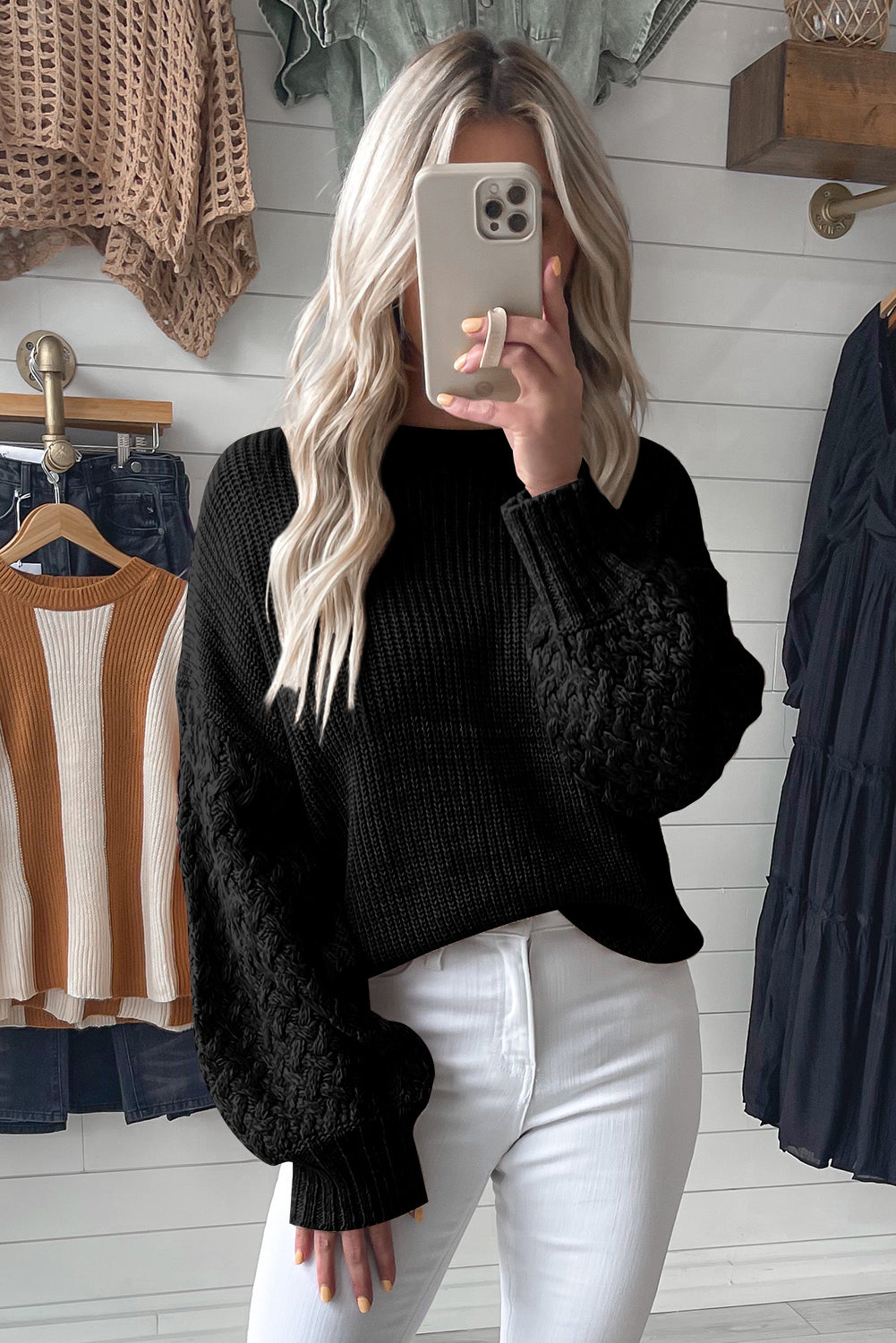 Black Cable Knit Sleeve Drop Shoulder Sweater - Design Studios Direct