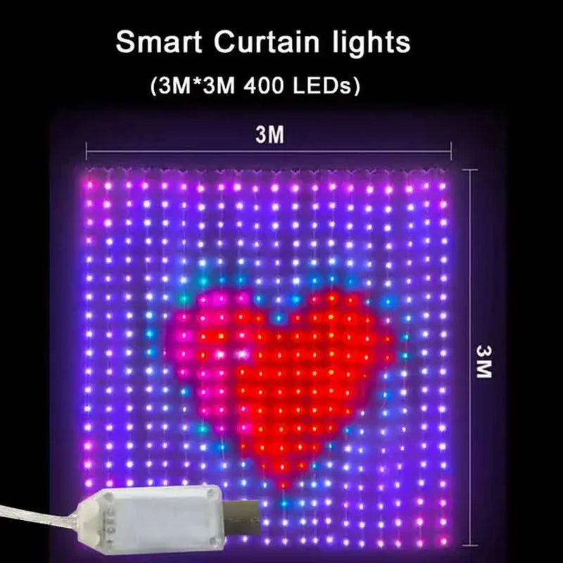 400Leds Smart Curtain Lights Bluetooth App LED String RGB Fairy Lights DIY Music Change Display for Window Bedroom Decoration - Design Studios Direct