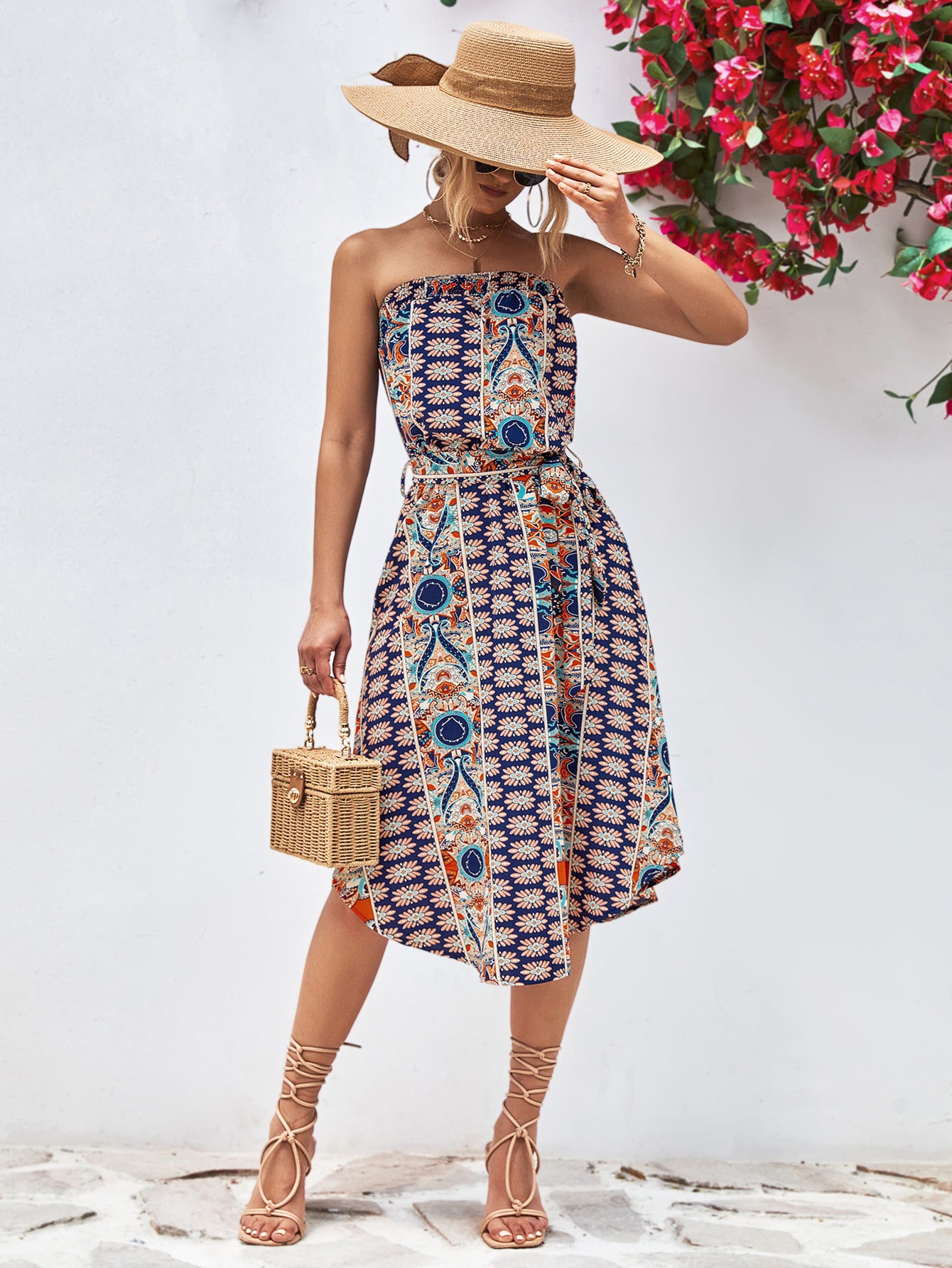 Printed Strapless Tie Belt Dress - Design Studios Direct