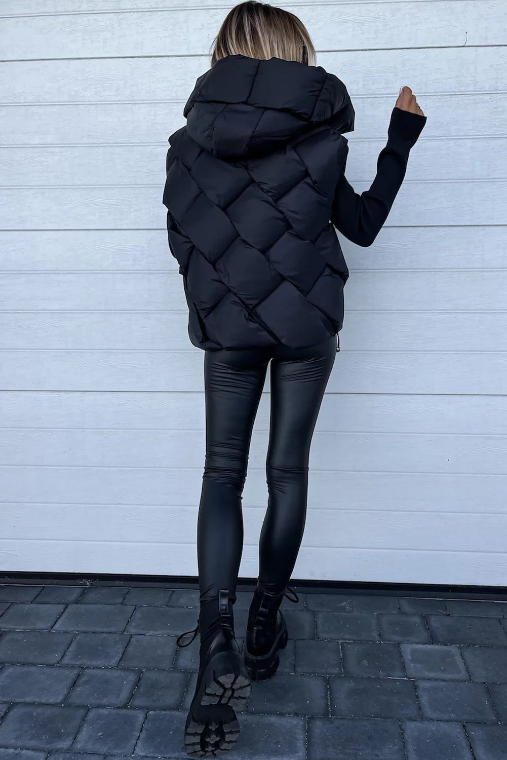 Black Quilted Zipper Front Hooded Vest Coat - Design Studios Direct